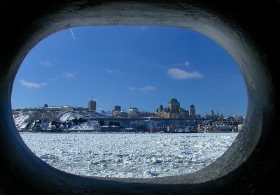 Photo of Quebec city taken from the hole for the ropes of the ferry.