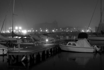 Small Harbour in the Mist in B&W