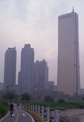 riders and tower buildings
