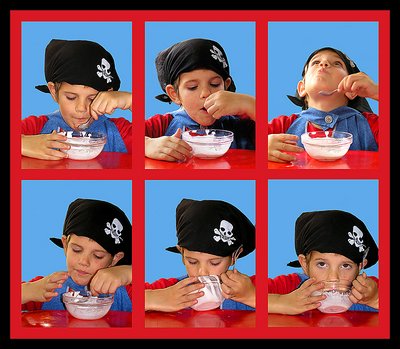 6 stages of a pirate eating his dessert.