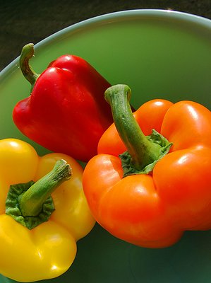 3 Peppers in a Green Bowl