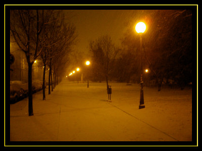 Zagreb at night, snowing