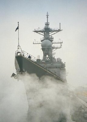 USS Oldendorf Moored in Fog