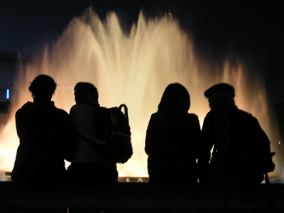 by the fountains