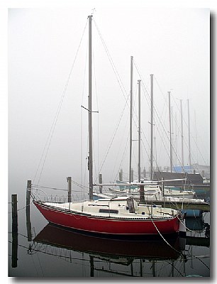 Red Boat in Fog