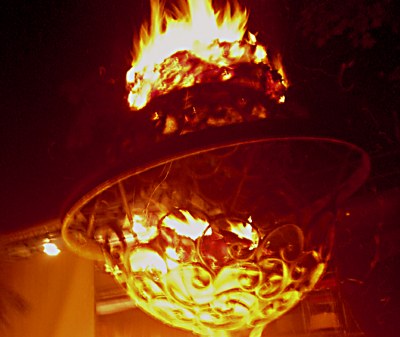 A burning fire in a iron bowl