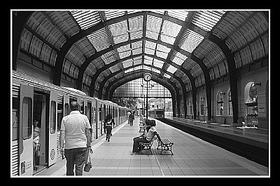 at the station, in b/w
