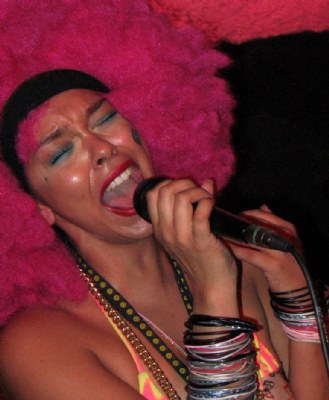 Singer in pink wig