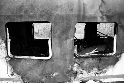 burned train, windows