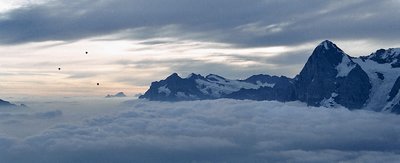 Balloons rising above Murren, Switzerland