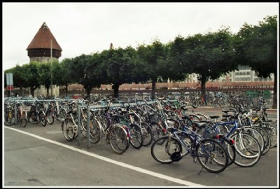 The many bicycles in front of the tower