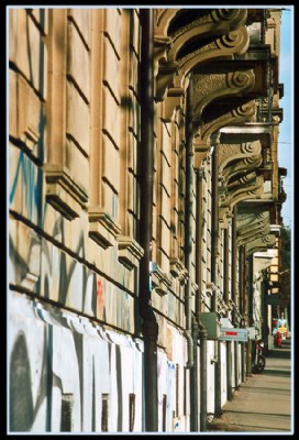 Striped facades along the road