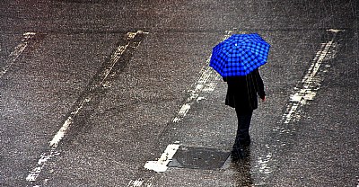 a man and a blue umbrella