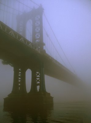 Manhattan bridge in fog
