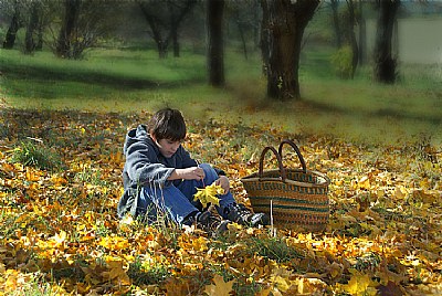 Child and baskets